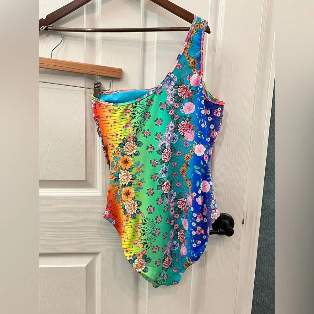 NWOT Johnny Was One-Shoulder Ombré Floral Swimsuit SIZE L - Picture 6 of 8